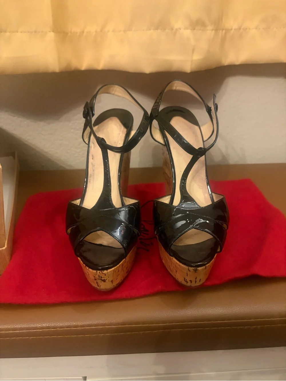 Christian Louboutin Black Patent Cork Platform T-Strap Women’s Wedge Sandals
